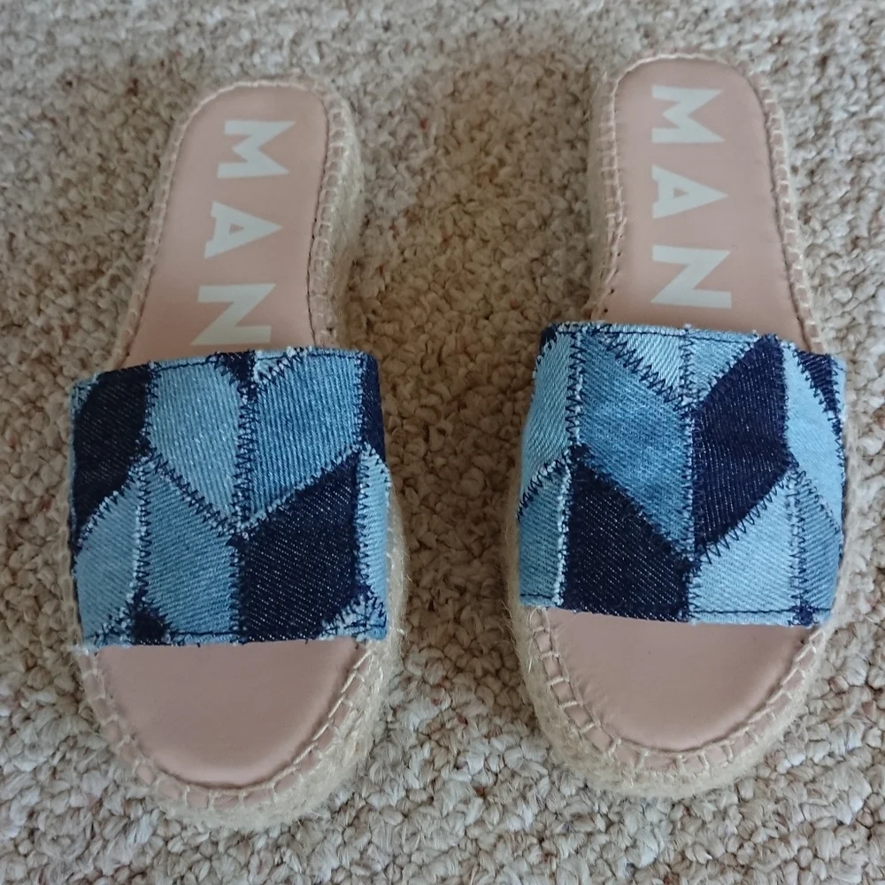 Manebi Denim Woven-Strap Espadrille Slide Sandals size 6